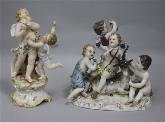 A Thuringian porcelain group of four bacchanal with goat and a Volkstedt group of two putti, 13 x 15cm & H 15.5cm